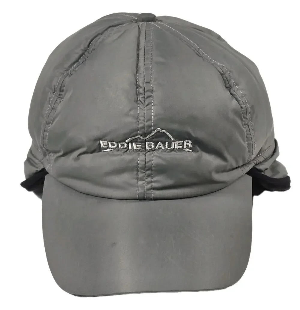 Eddie Bauer Goose Down Gray Fleece Lined Baseball Hat Cap Ear Flaps L/XL